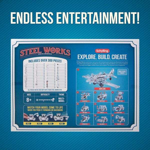 Schylling Steel Works Mechanical Multi-Model - Steel Building Set - Includes 300 Pieces. Tools. and Instructions to Make 10 Different Models - Ages 8 and Up